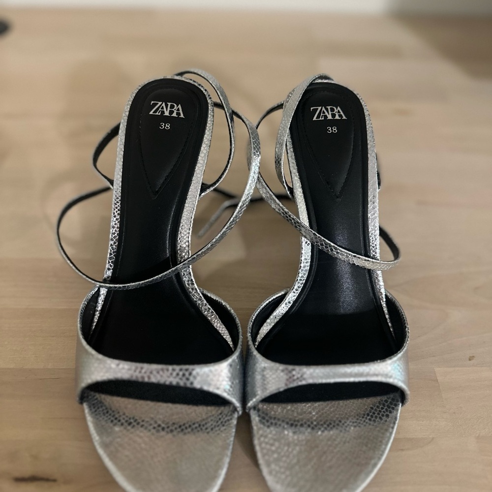 Zara Metallic Silver Strappy Heeled Sandals